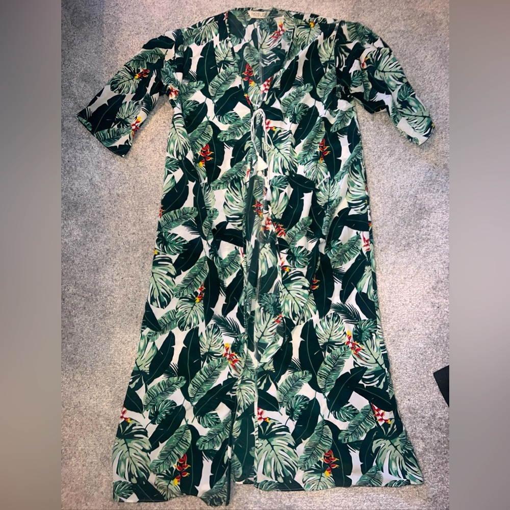 RACHEL ZOE Green Tropical Palm Kimono Swim Cover Up OSFM